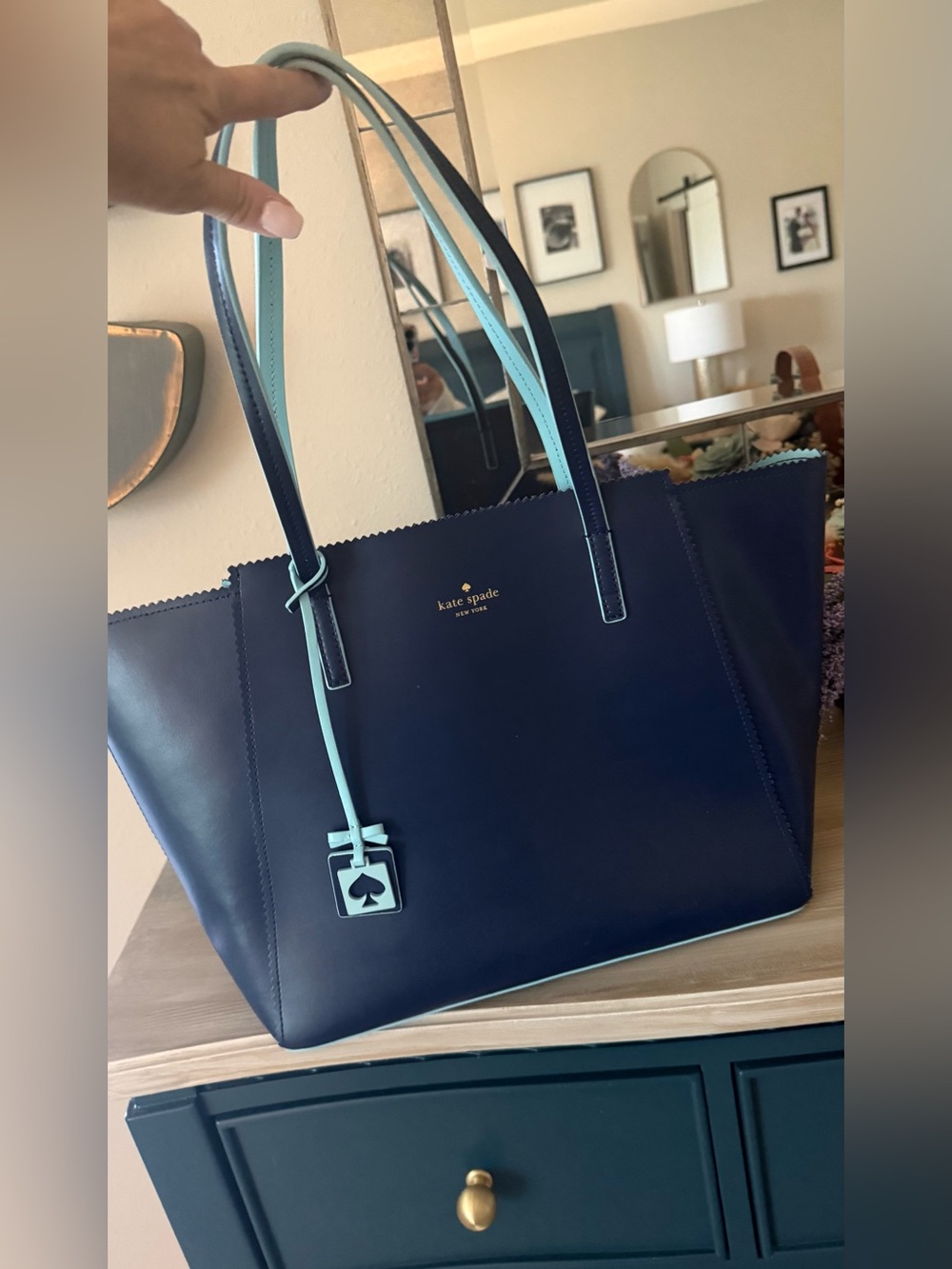 Kate Spade Navy and Light Blue Leather Tote with Spade Charm